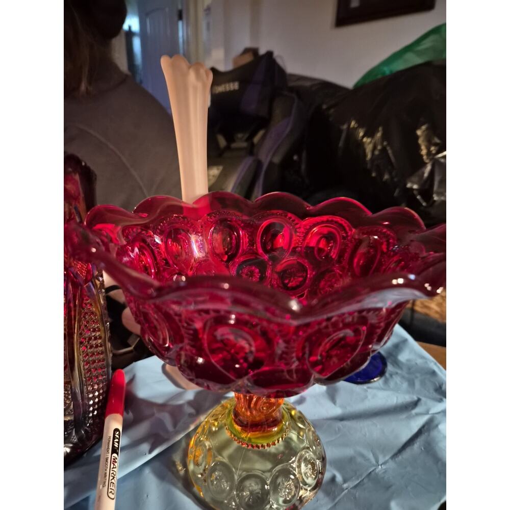 Vintage LE Smith Moon and Stars Amberina Red Glass Candy Compote Dish